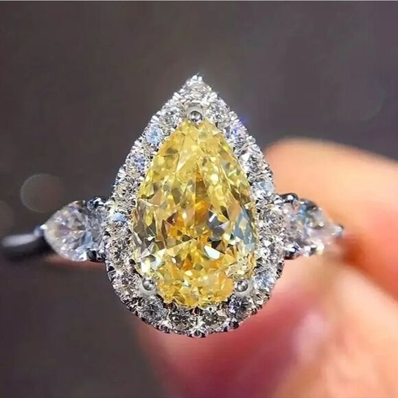 Yellow Pear Cut Sapphire & Clear White Baguette Diamond Cocktail Ring 925 Silver - Picture 4 of 5